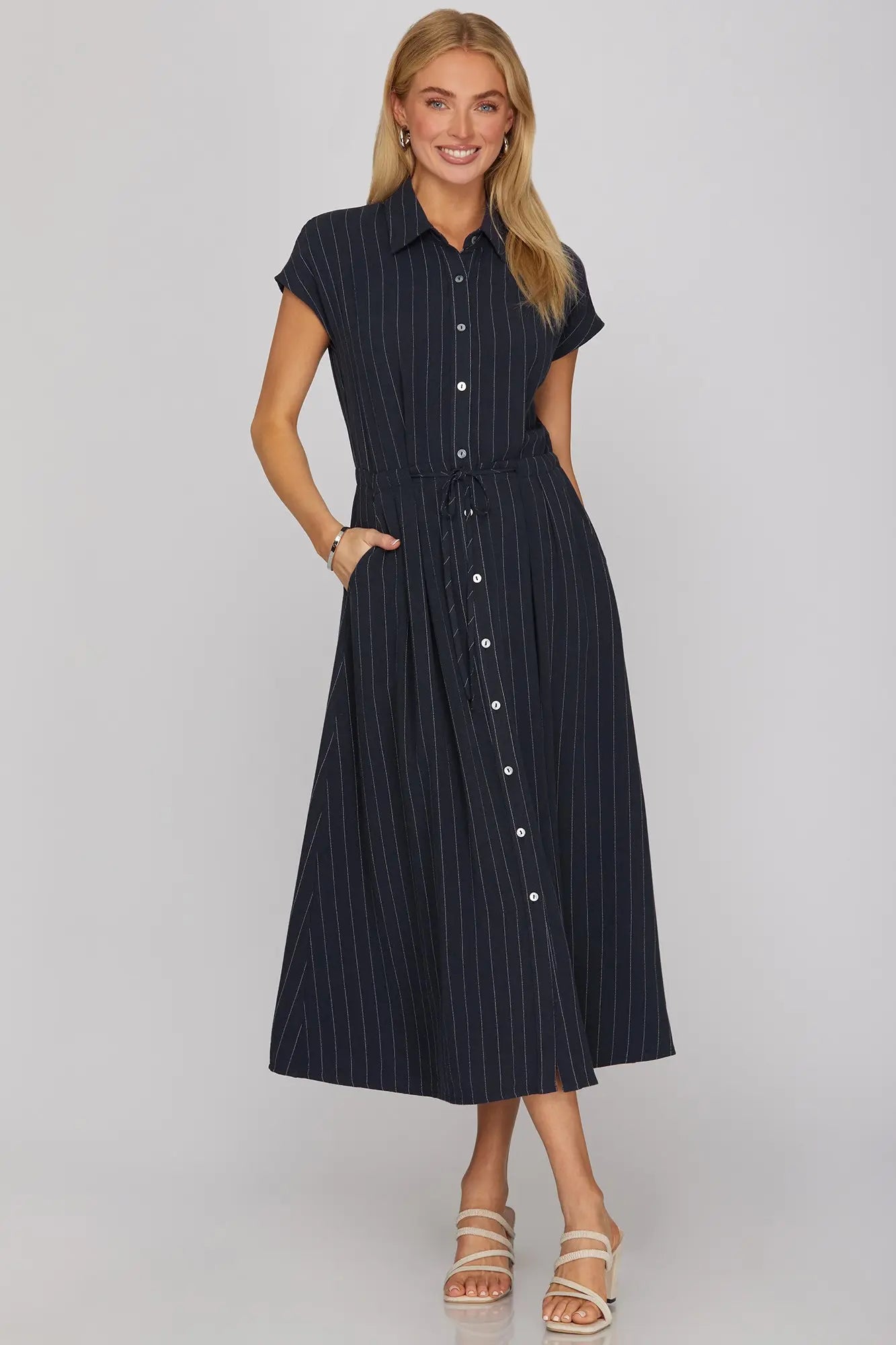 Drop Sleeve Woven Navy Stripe Dress