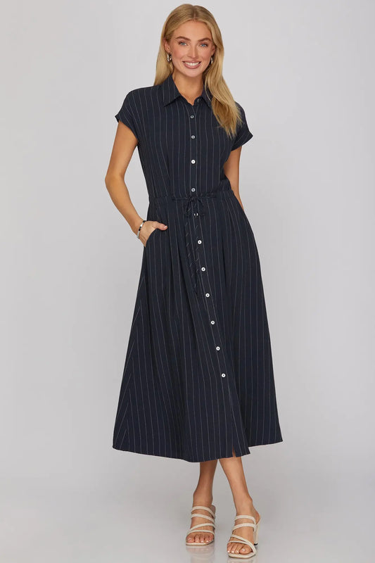 Drop Sleeve Woven Navy Stripe Dress