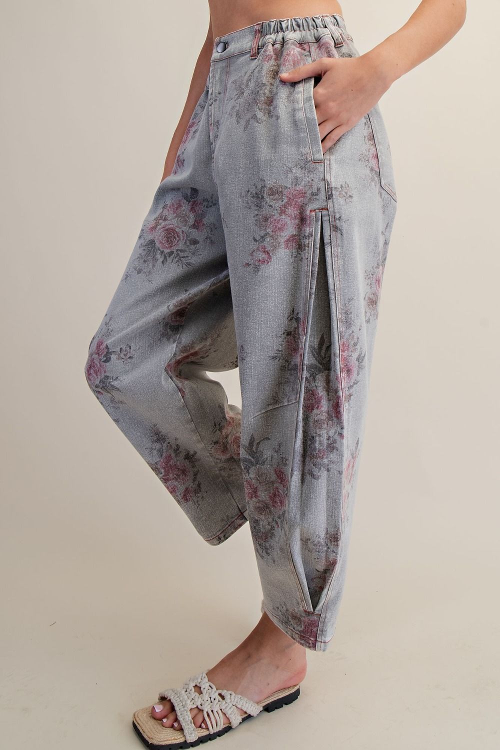 Grey Denim Floral Pants