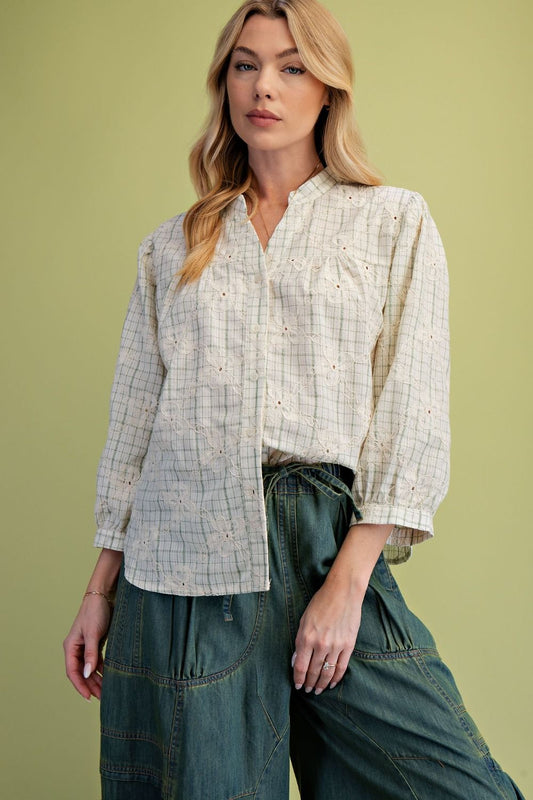 3/4 Embroidery Green Top