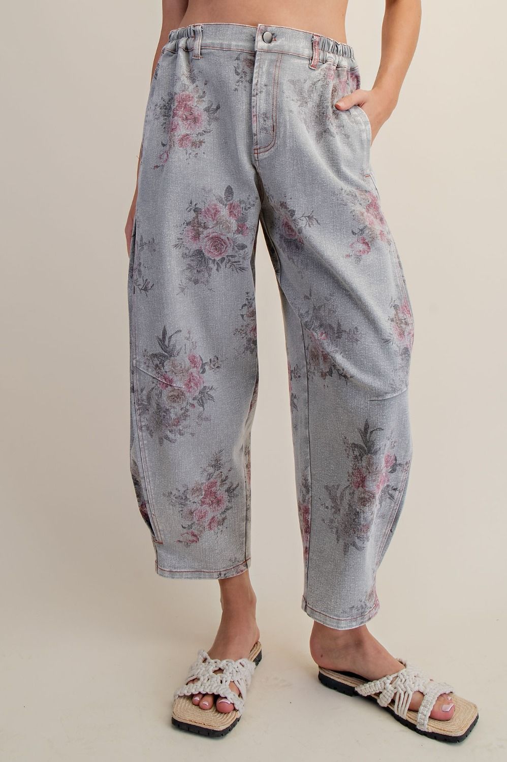 Grey Denim Floral Pants