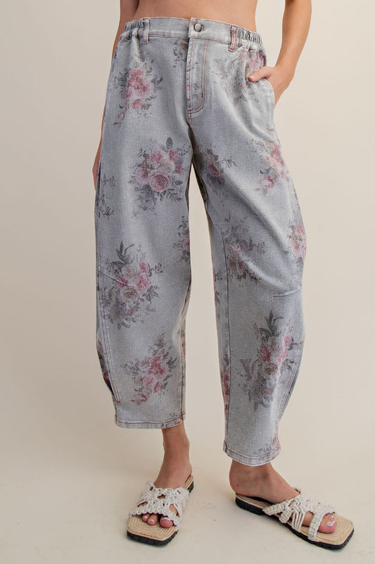 Grey Denim Floral Pants