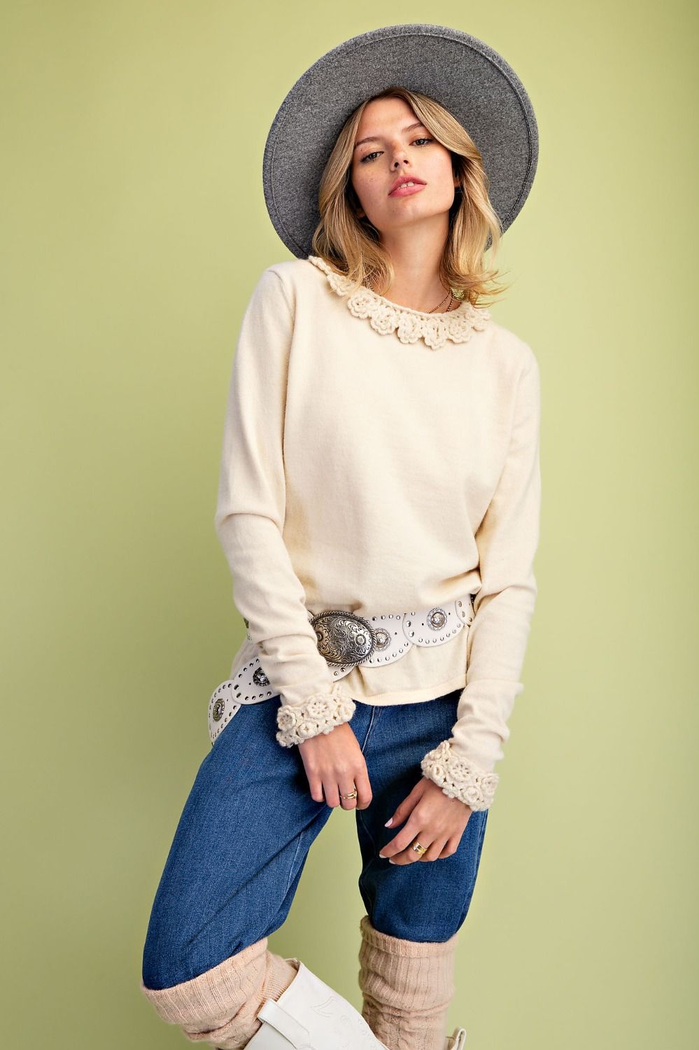 Crochet Neck Sweater Oatmeal