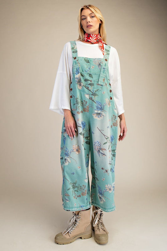 Mint Blue Flower Overalls
