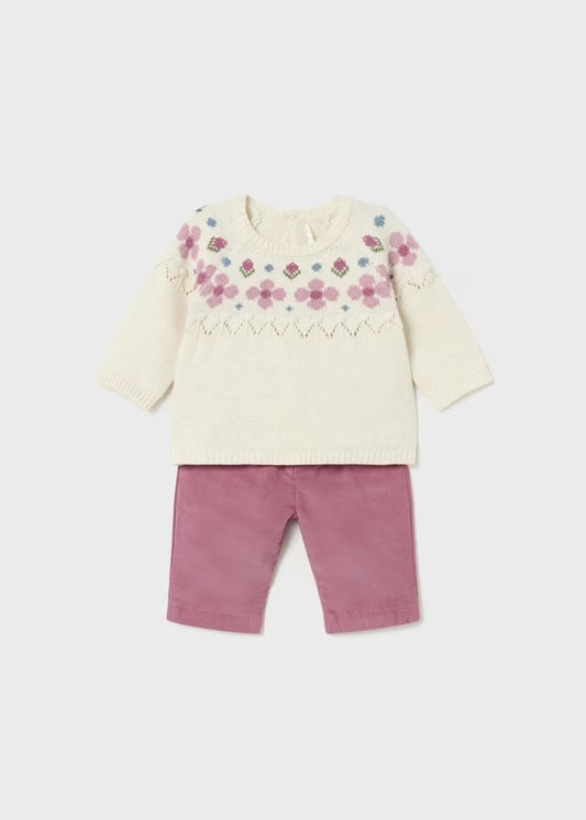 Pink Flower Sweater with Cord Pants