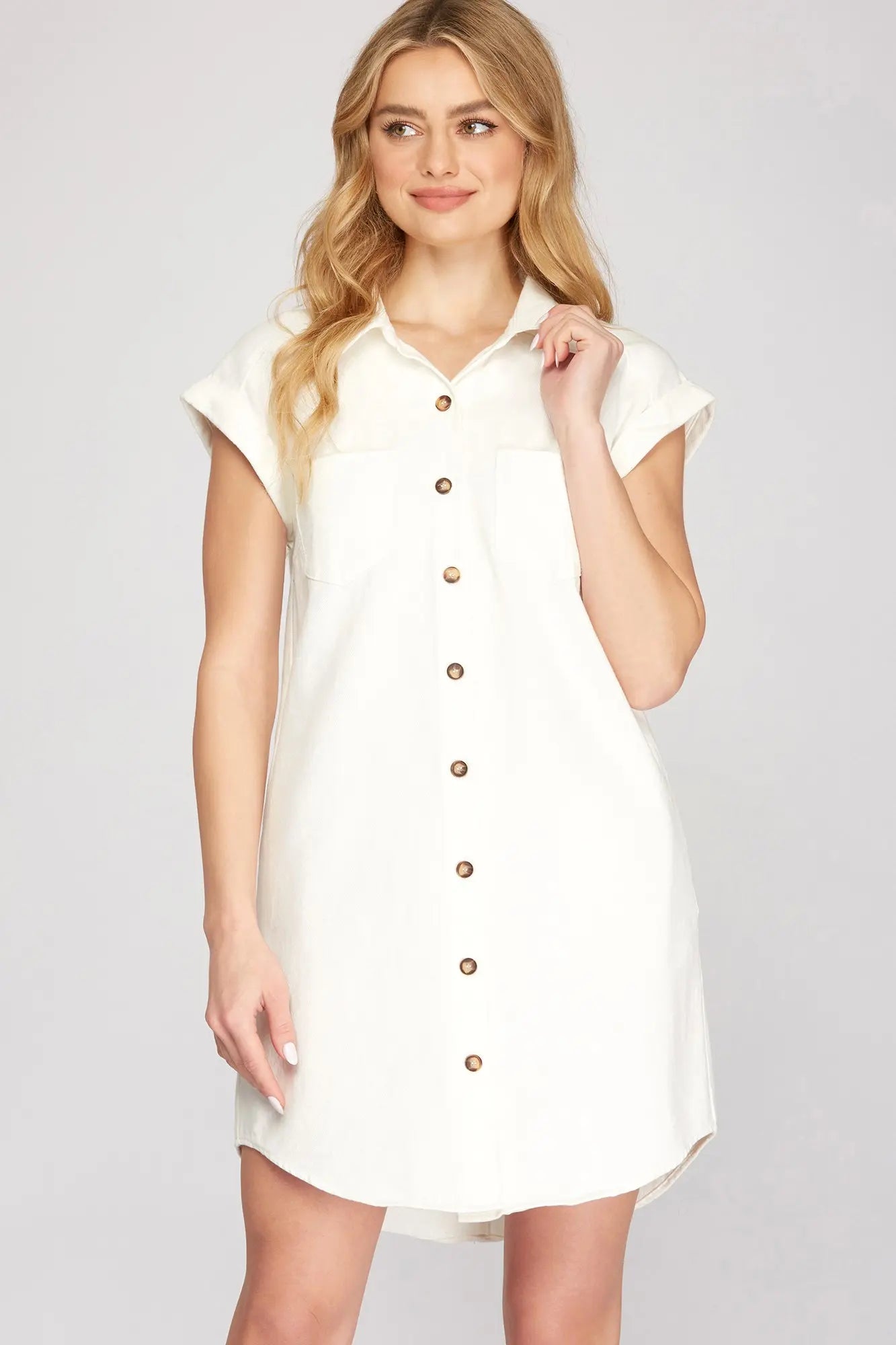 White Button Down Twill Shirt Dress