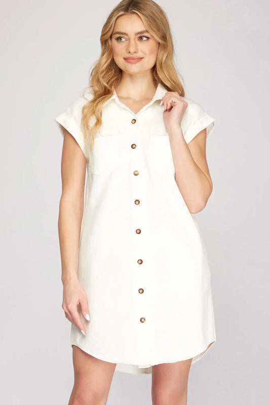White Button Down Twill Shirt Dress