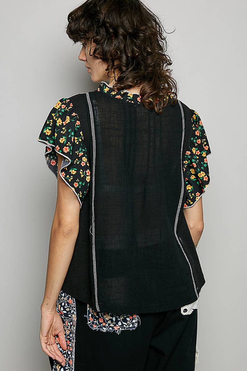 Pol Clothing - V neck Ruffle Sleeve Pintuck Contrast Woven Top