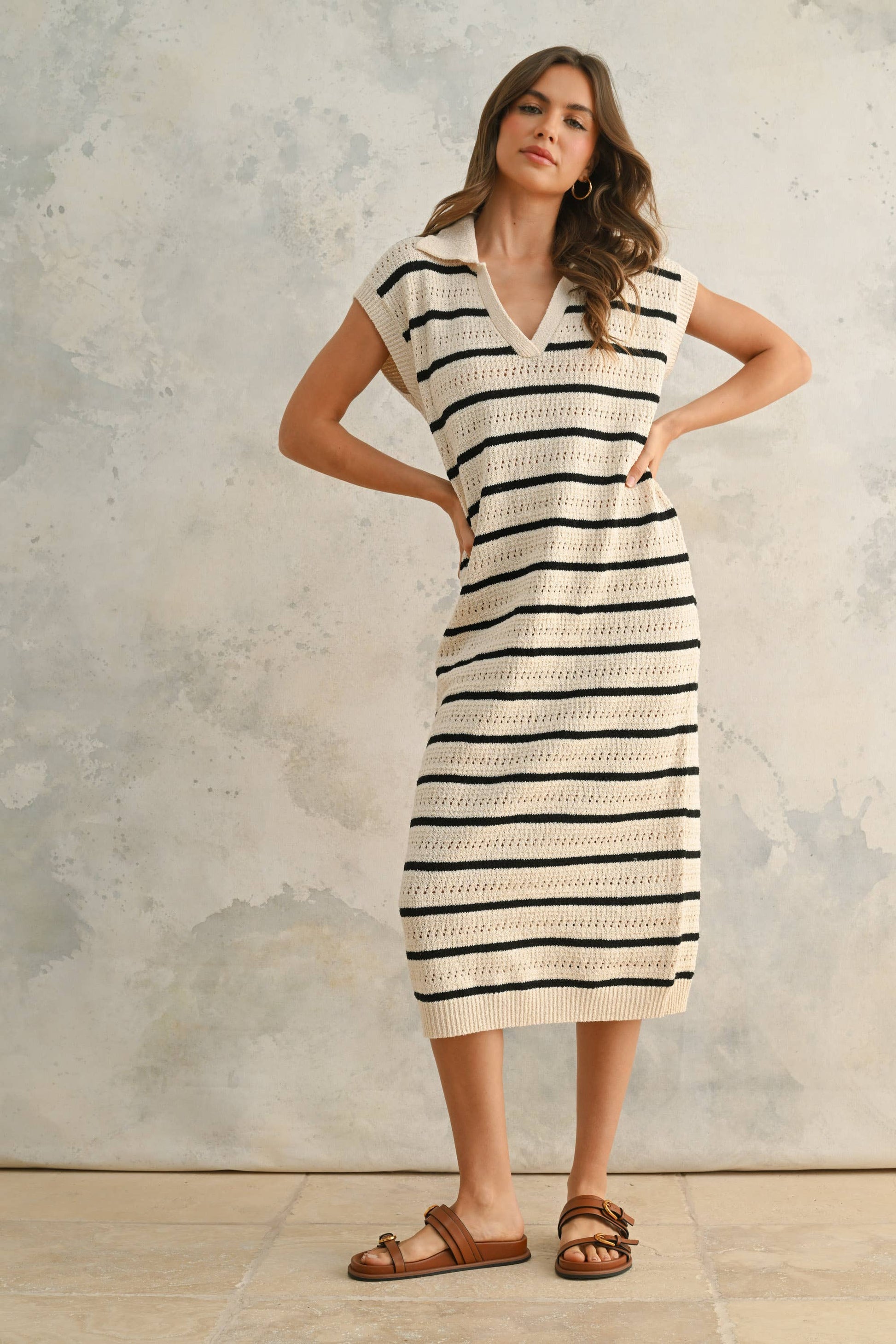 MIOU MUSE - D3924 CROCHET KNITTED COLLARED DRESS The B's Nest MIOU MUSE - D3924 CROCHET KNITTED COLLARED DRESS The B's Nest