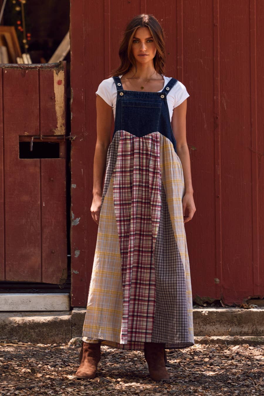 Oddi - Patchwork Plaid Overall Dress
