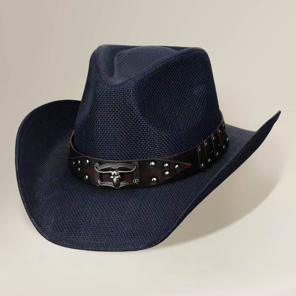 Sensibling Corp. - Steer Head Accent Studded Faux Leather Band Western Straw Cowboy Hat