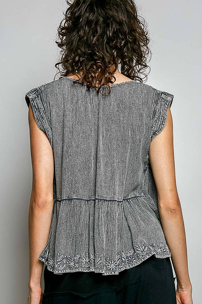 Pol Clothing - V-neck Sleeveless Vintage Washing Solid Linen Woven Top