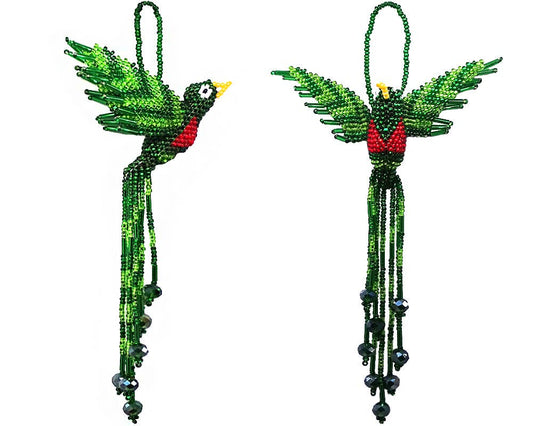 Pichincha - Beaded Quetzal Figurine Seed Bead Fringe Dangle Ornament