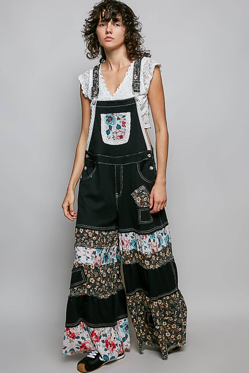 Pol Clothing - Feminine Mixed Printed Fabric Ruffle Wide Leg Overall