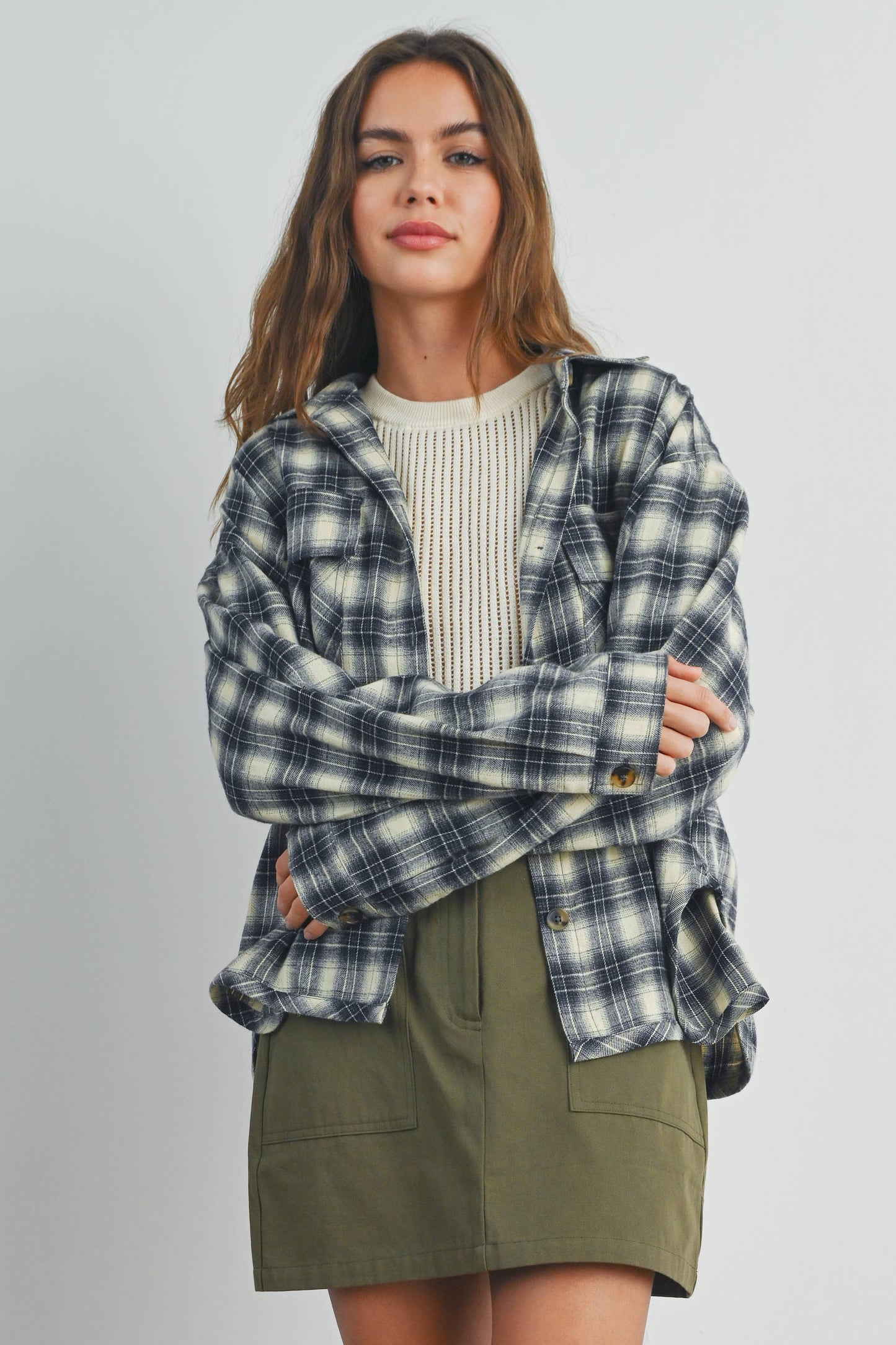 BUTTERMELON - Plaid Long-Sleeve Shirt Jacket - BMJ7328