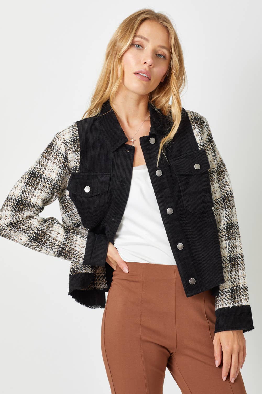 Mystree - 60213 Plaid Sleeve Corduroy Jacket