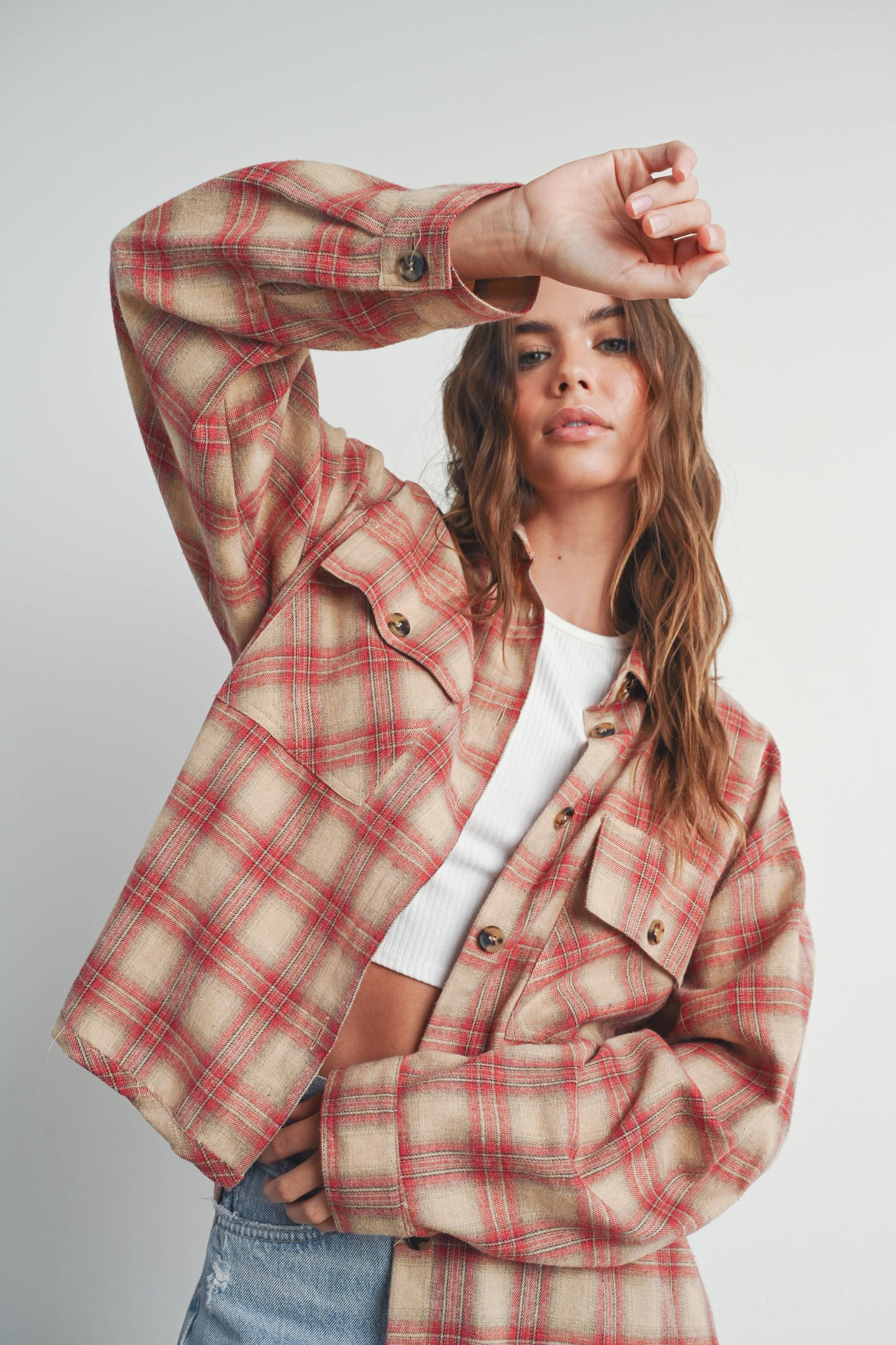 BUTTERMELON - Plaid Long-Sleeve Shirt Jacket - BMJ7328