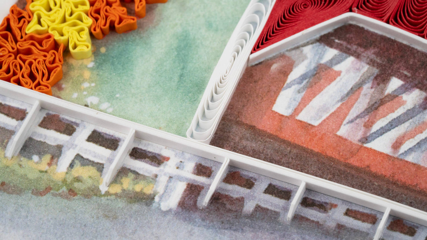 Quilling Card - Quilled Red Covered Bridge Greeting Card