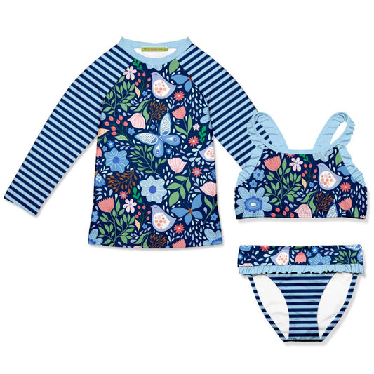 Millie Loves Lily - Girls Navy Butterfly Ruffle Bikini & Rashguard Swim Set
