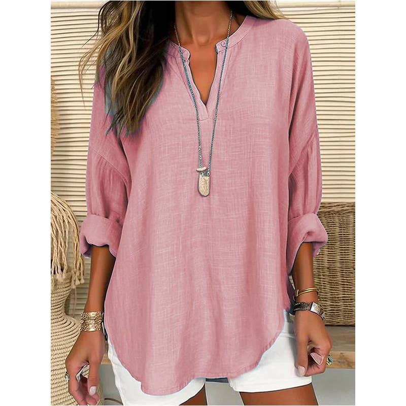 NINEXIS - CWTBLL0260_Blouse Linen Long Sleeve Casual V Neck Top