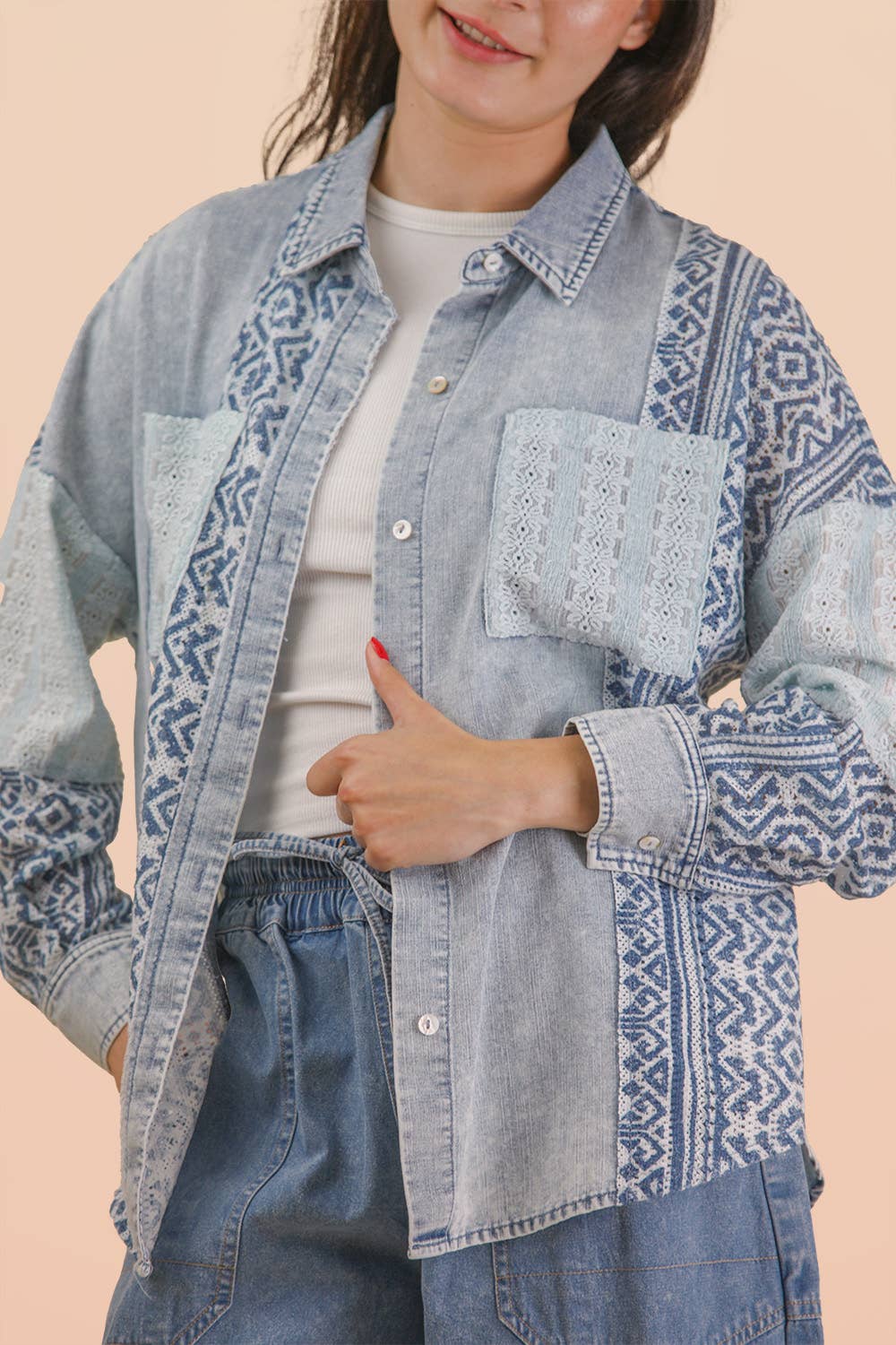 VERY J - NT12456-Oversized Washed Denim Shirt Top W/ Cont Fabric