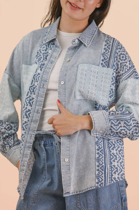 VERY J - NT12456-Oversized Washed Denim Shirt Top W/ Cont Fabric