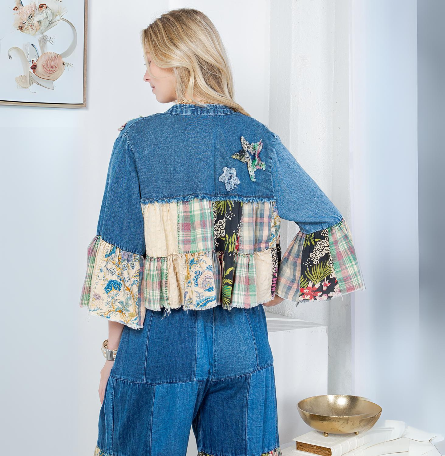Young Threads - Tiered Patchwork Denim Cropped Shrug with Pants -Sold As Set