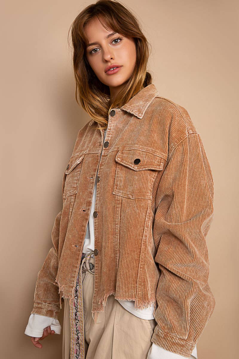 Pol Clothing - Pocket front button down distressed hem corduroy jacket