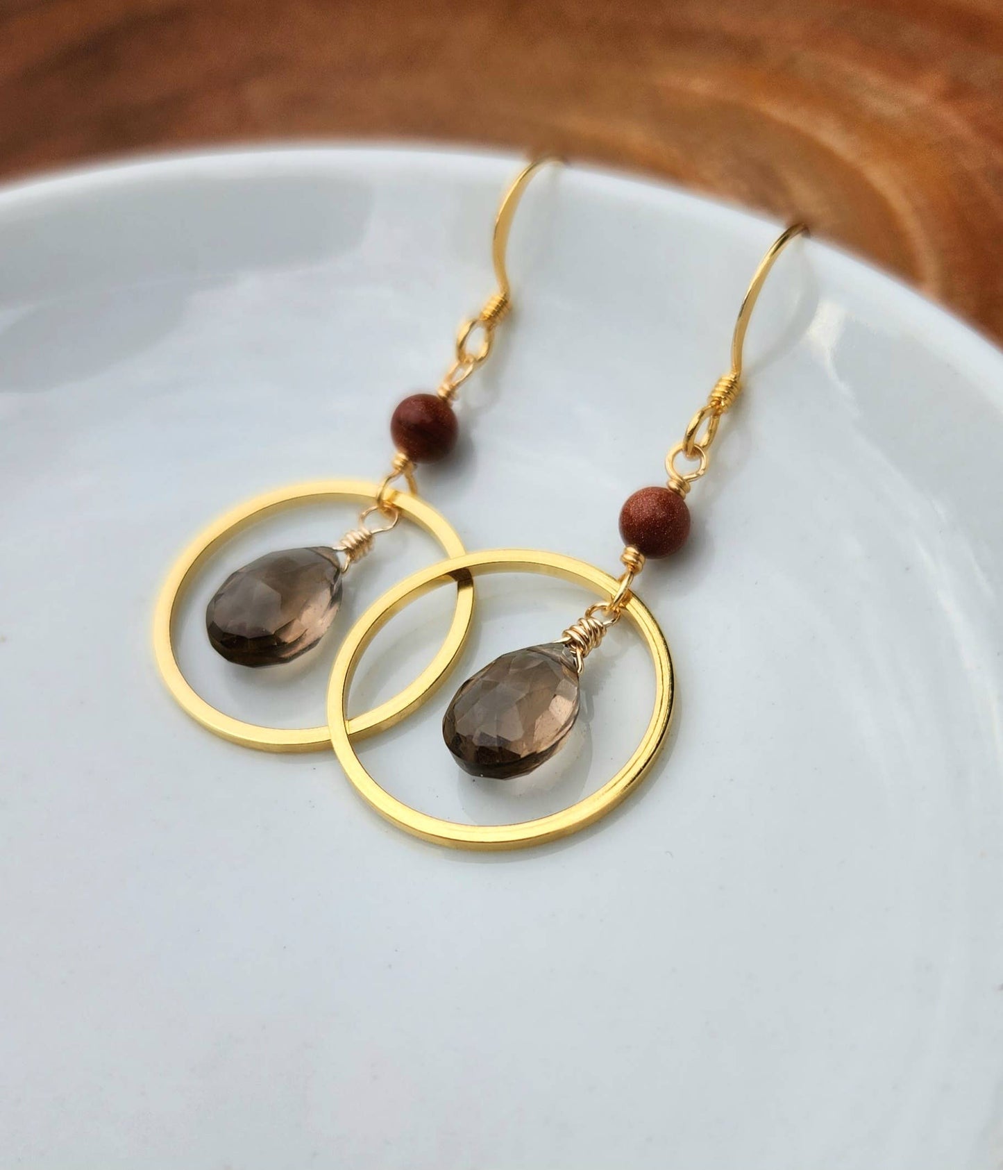 Edgy Petal Jewelry - Smoky Quartz and Goldstone Gold Circle Earrings