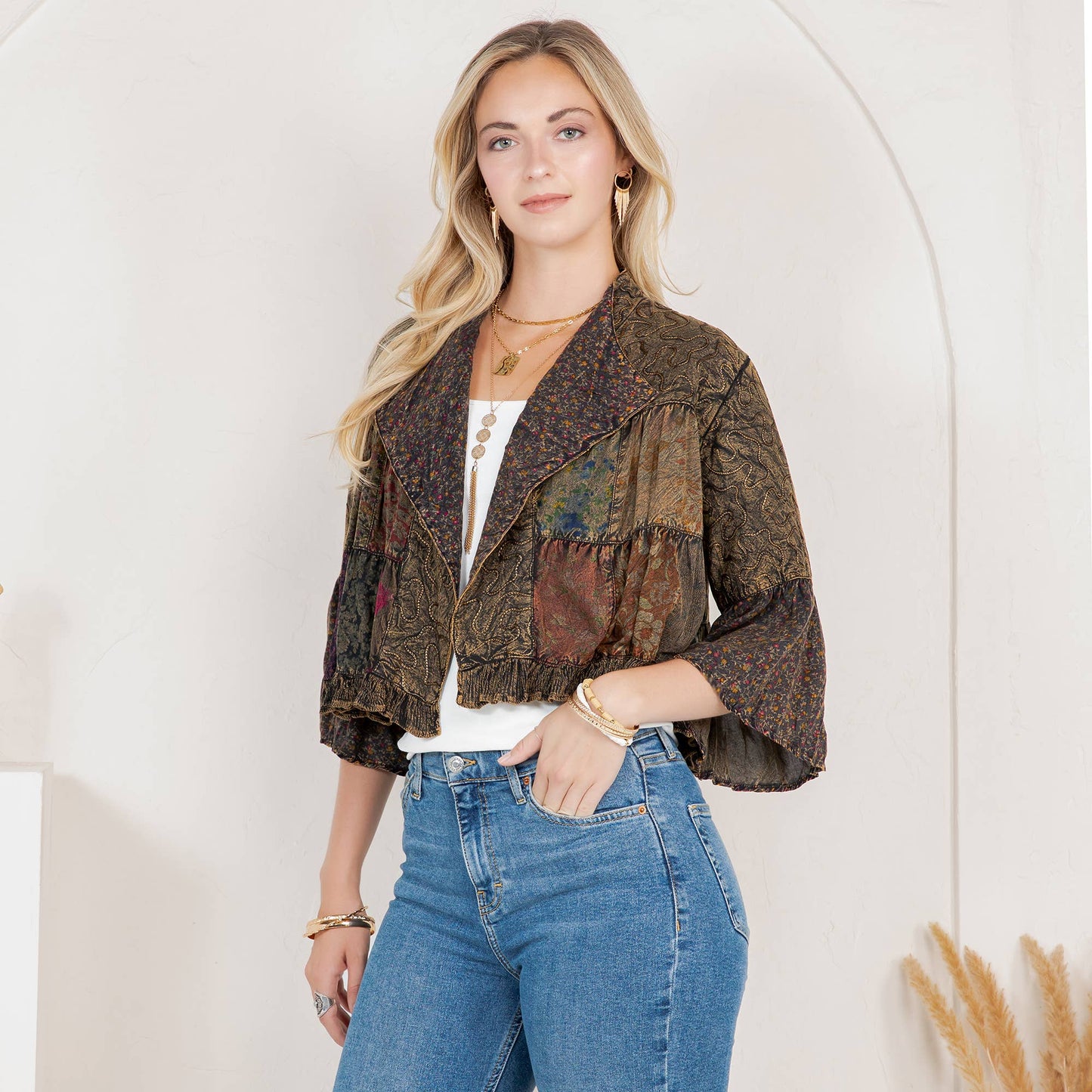 Young Threads - Lapel Detail Cropped Top with Handcrafted Boho Embroidery