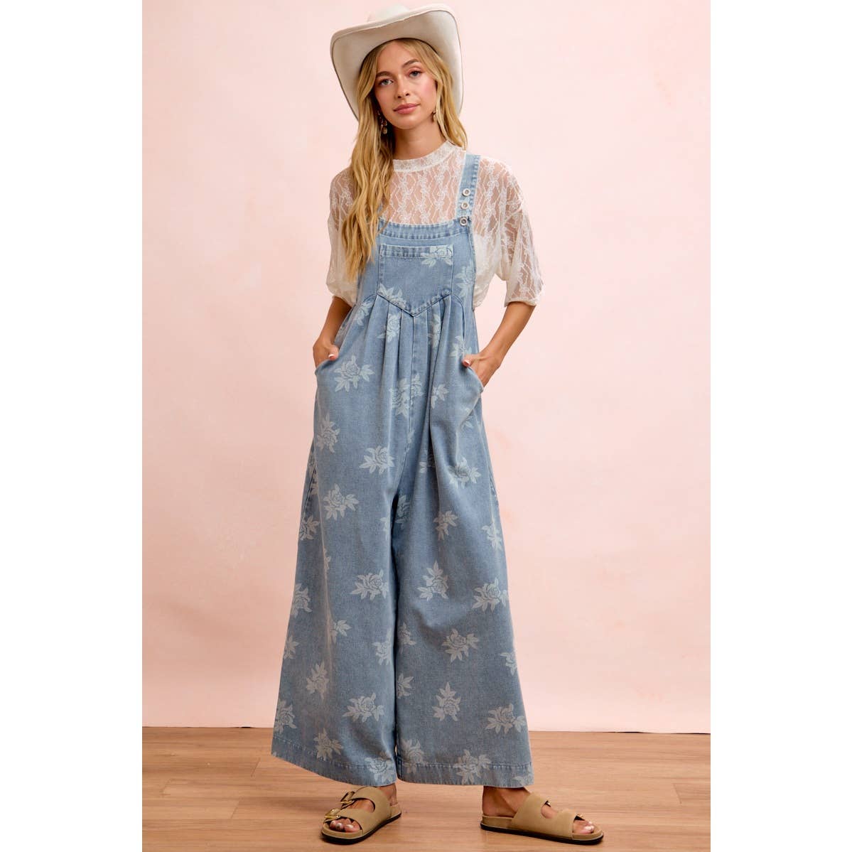 BiBi - ROSE PRINTED WASHED DENIM OVERALLS WITH PLEATS