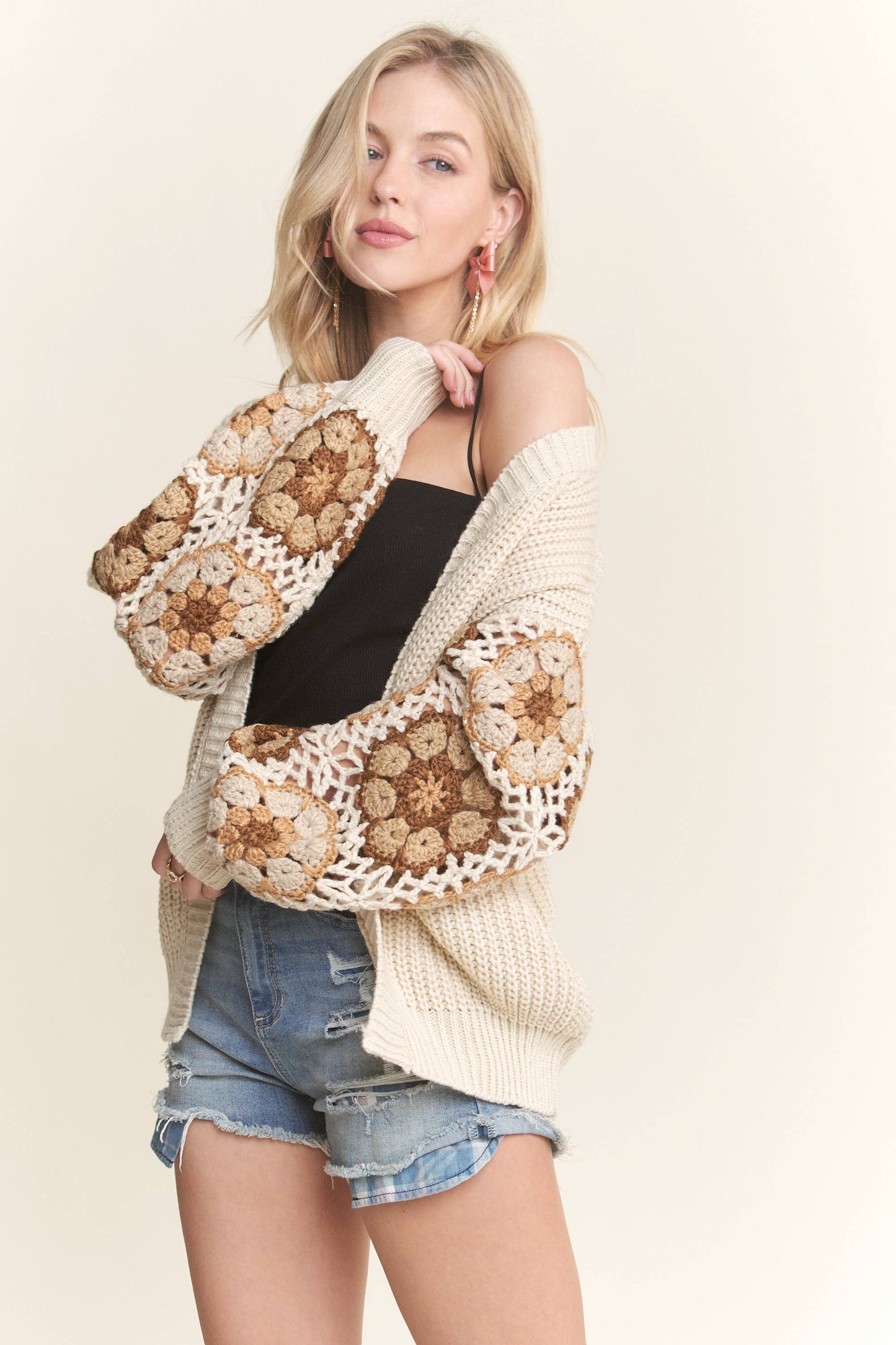 ADORA LA - CROCHET SLEEVE SWEATER CARDIGAN