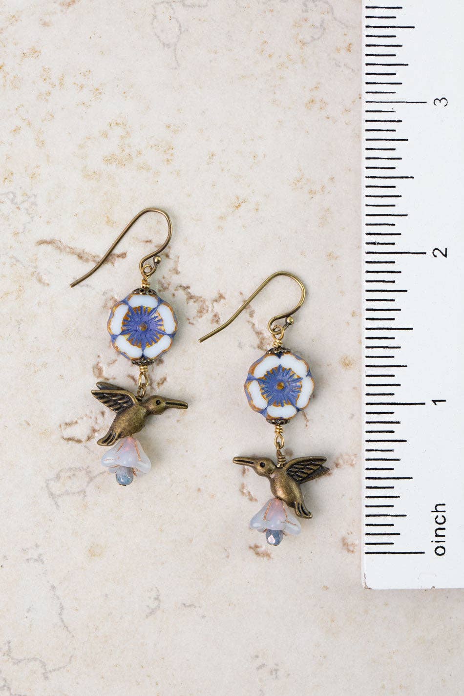 Anne Vaughan Designs Jewelry - Czech Glass Flower with Hummingbird Dangle Earrings