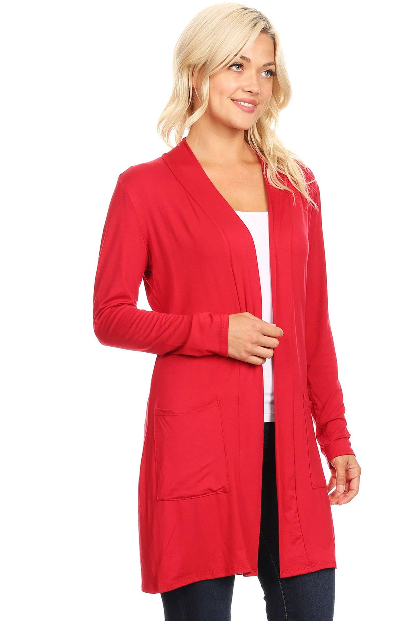 Women's Long Sleeves Side Pockets Solid Cardigan (Open Pack): Large / Plum