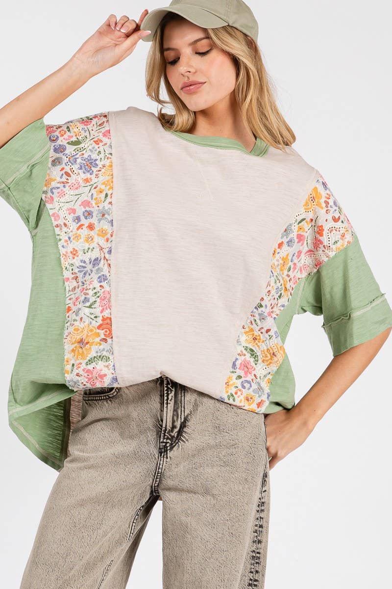 Sewn and Seen - WASHED FLORAL PATCHWORK OVERSIZED CONTRAST TEE