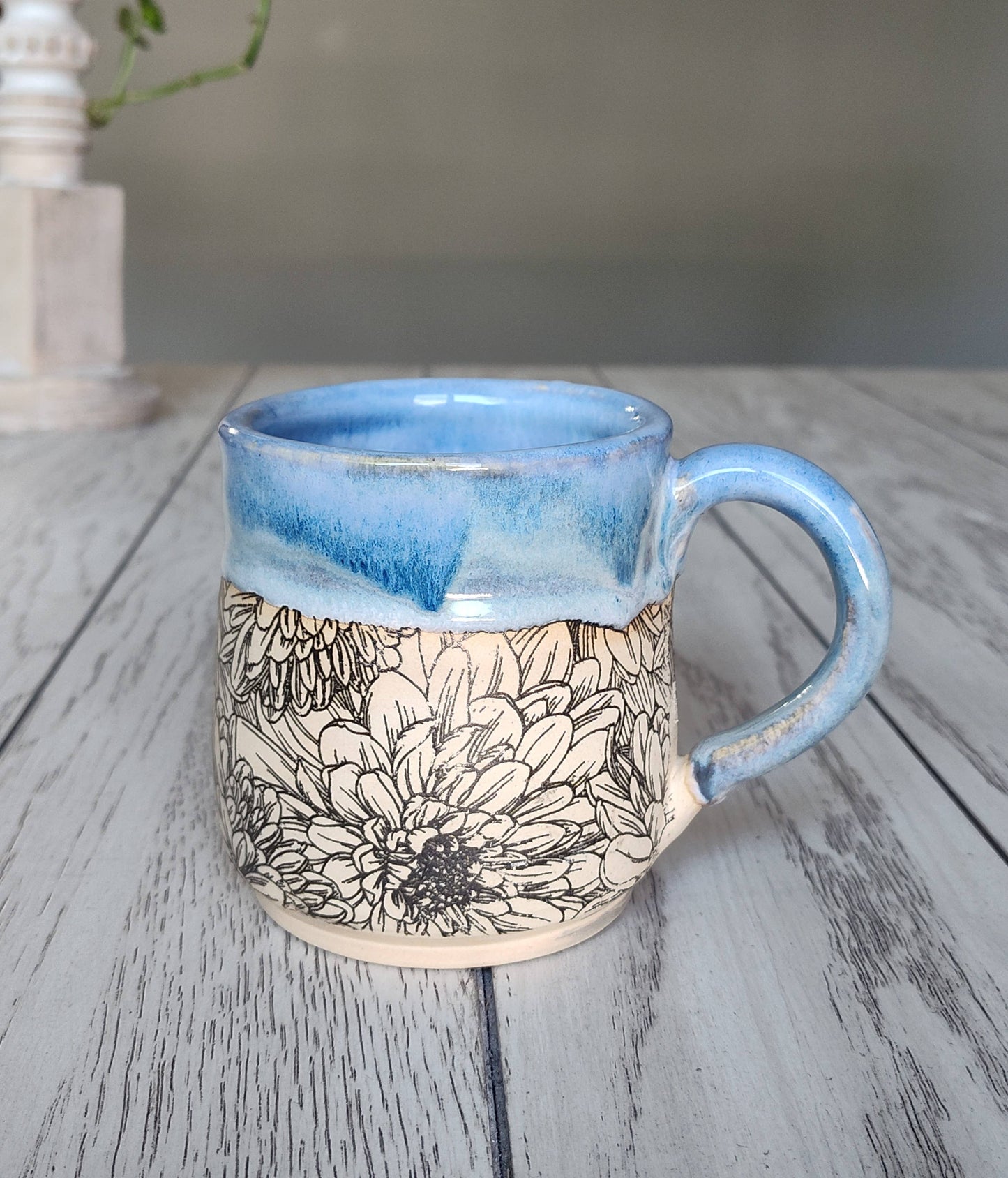 Rise and Design Art Studio - Flower Blue Cream Mug – Handmade Ceramic (12-16 oz)