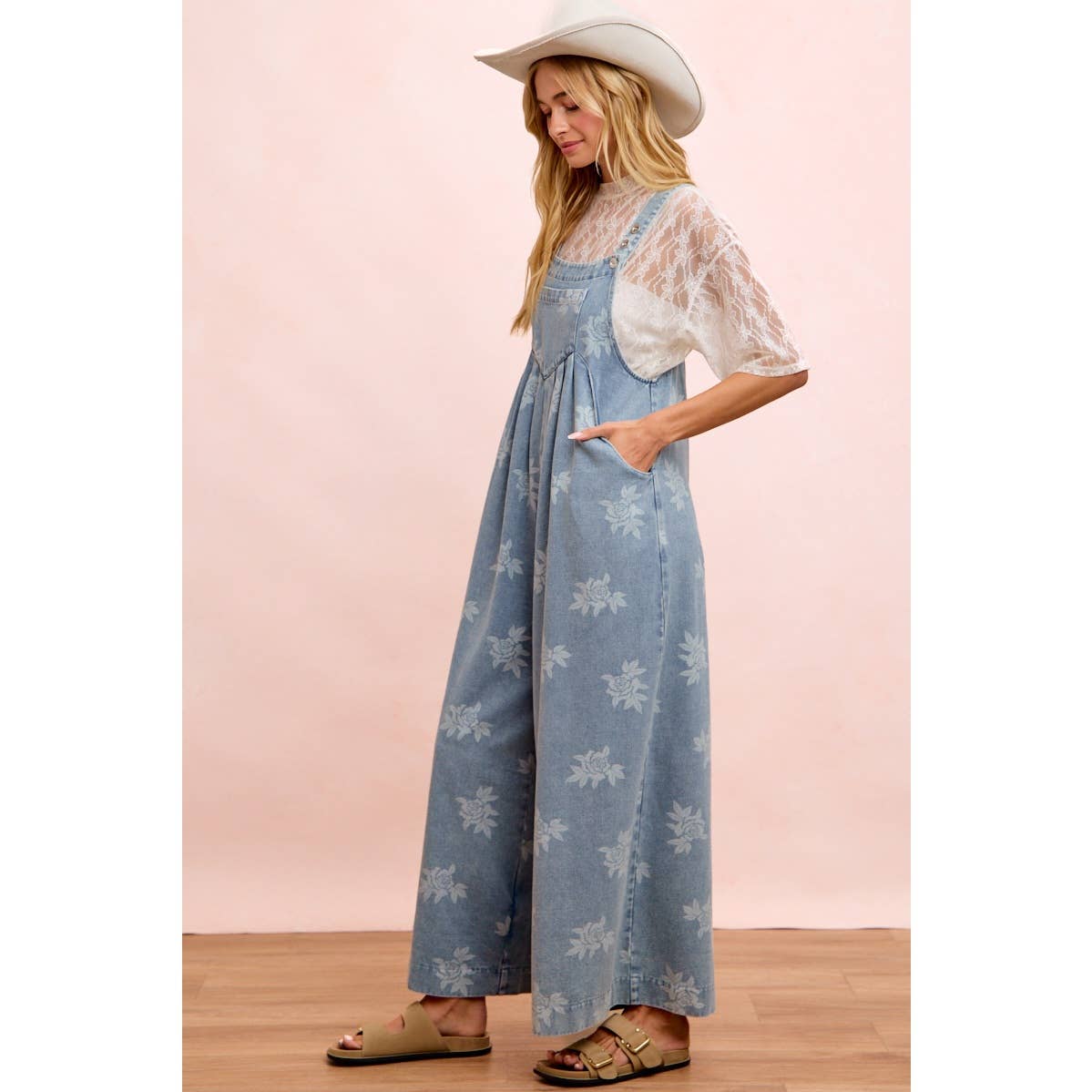 BiBi - ROSE PRINTED WASHED DENIM OVERALLS WITH PLEATS