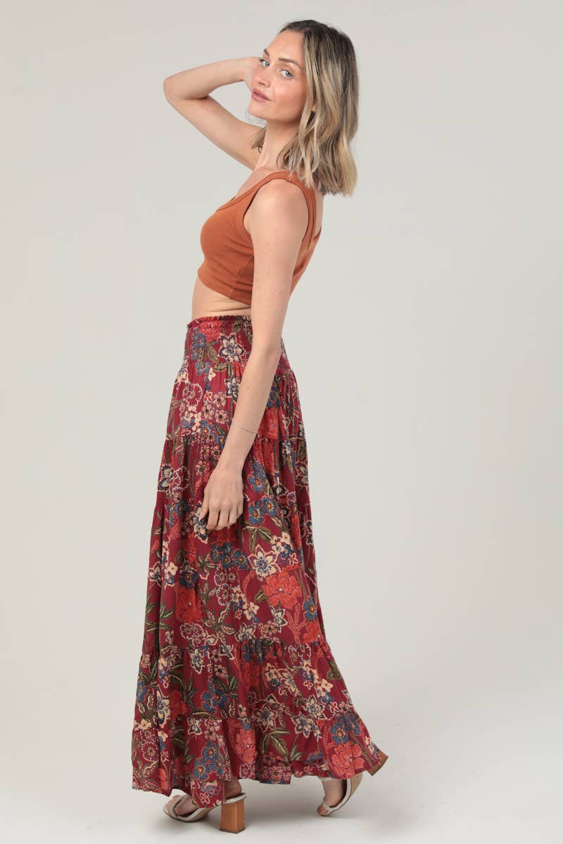 ANGIE - 26P57-FR38 TIERED A LINE SMOCKED WAIST PRINTED MAXI SKIRT