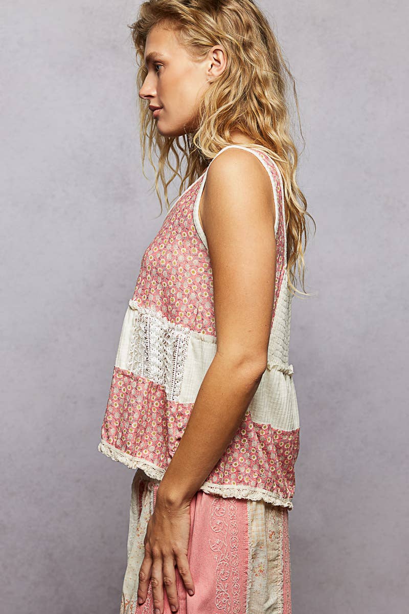 Pol Clothing - Floral Print Lace Round Contrast Neck Sleeveless Top