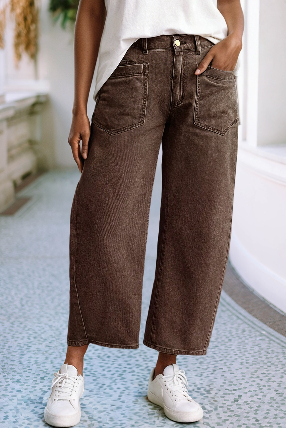 Little Daisy Closet - LDC Solid Square Patch Pocket Ankle-length Barrel Jeans