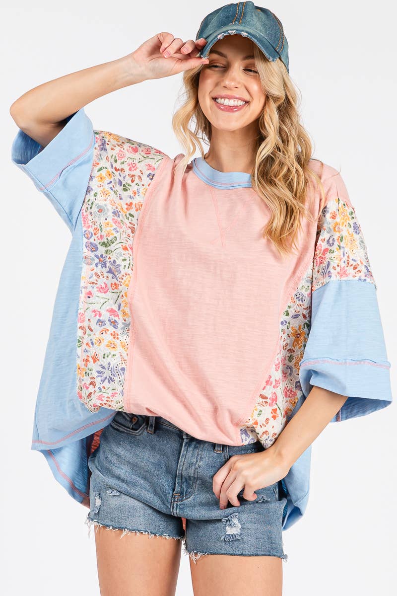 Sewn and Seen - WASHED FLORAL PATCHWORK OVERSIZED CONTRAST TEE