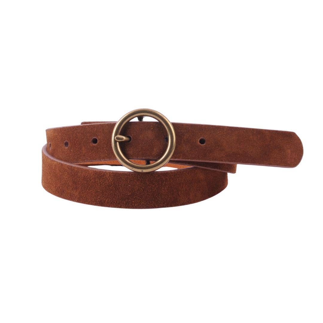 Most Wanted USA - Round Brass Buckle Suede/Genuine Leather Belt｜Minimalist