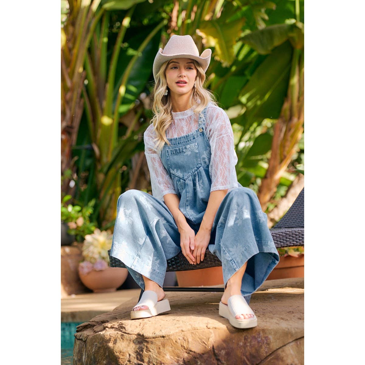 BiBi - ROSE PRINTED WASHED DENIM OVERALLS WITH PLEATS