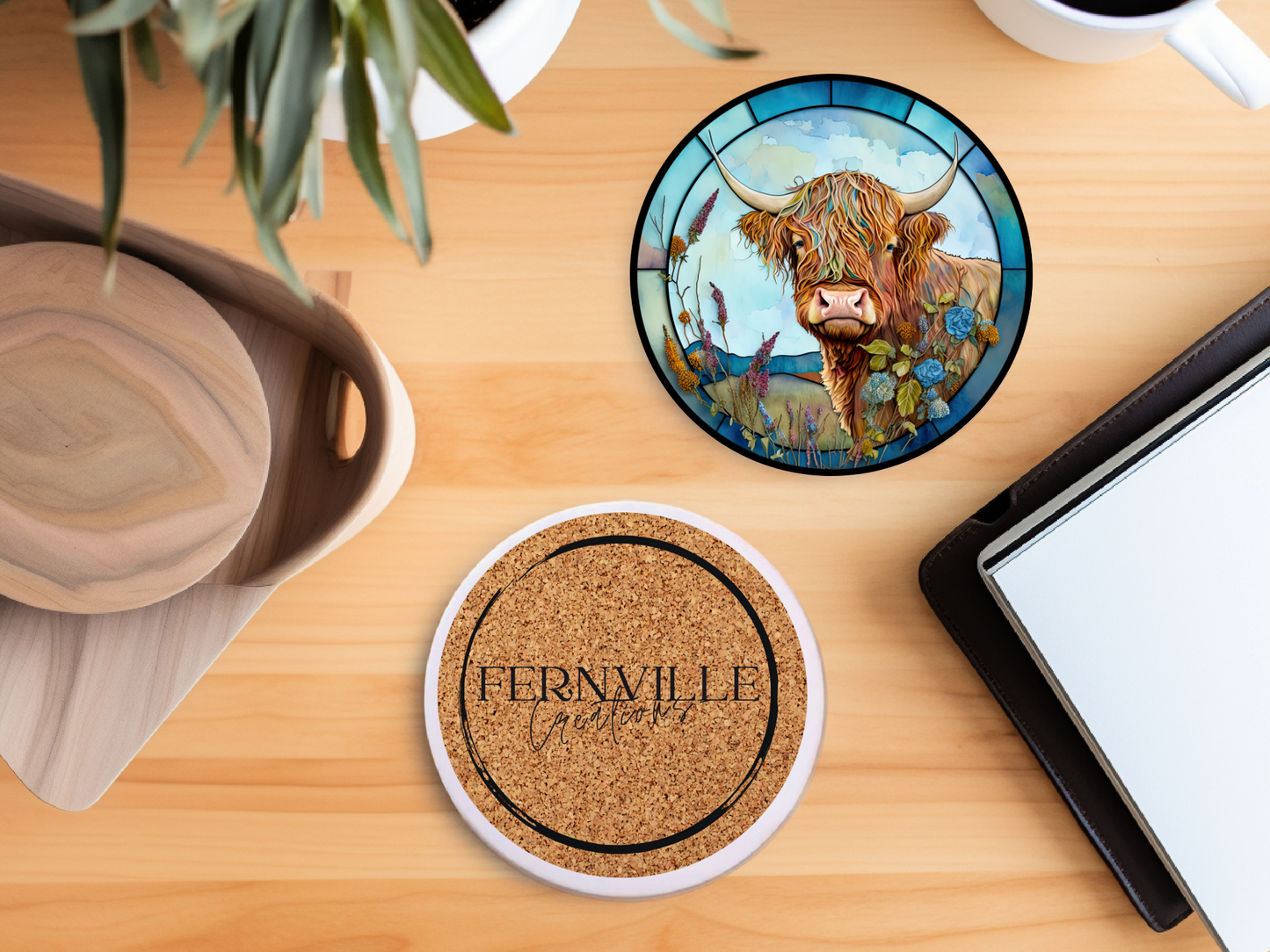 Fernville Creations - Highland Cow Coaster, Farmhouse Decor, Printed Stained Glass