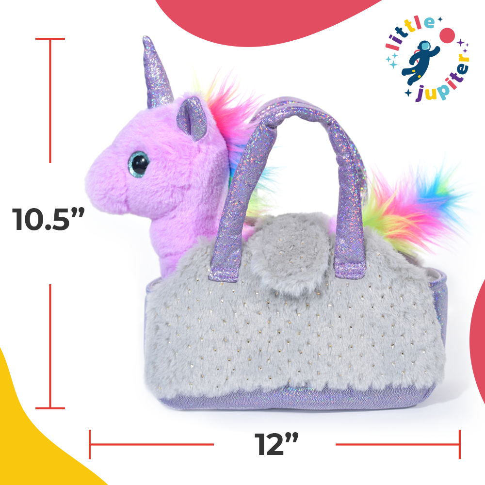 Plush Pet Purse Set with Birth Certificate - Purple Unicorn with Grey Bag