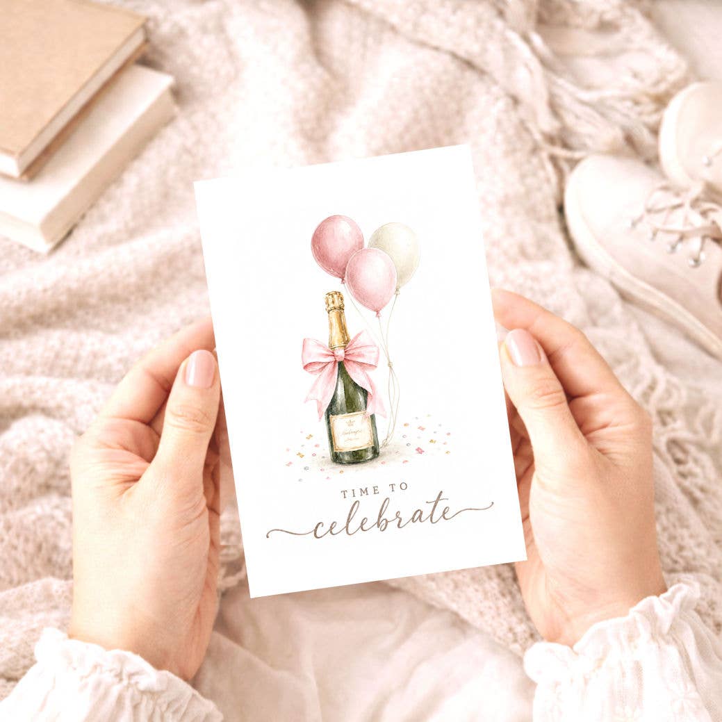 Bellflower Girl - Time to Celebrate | Pink Bow Champagne | Watercolor Card