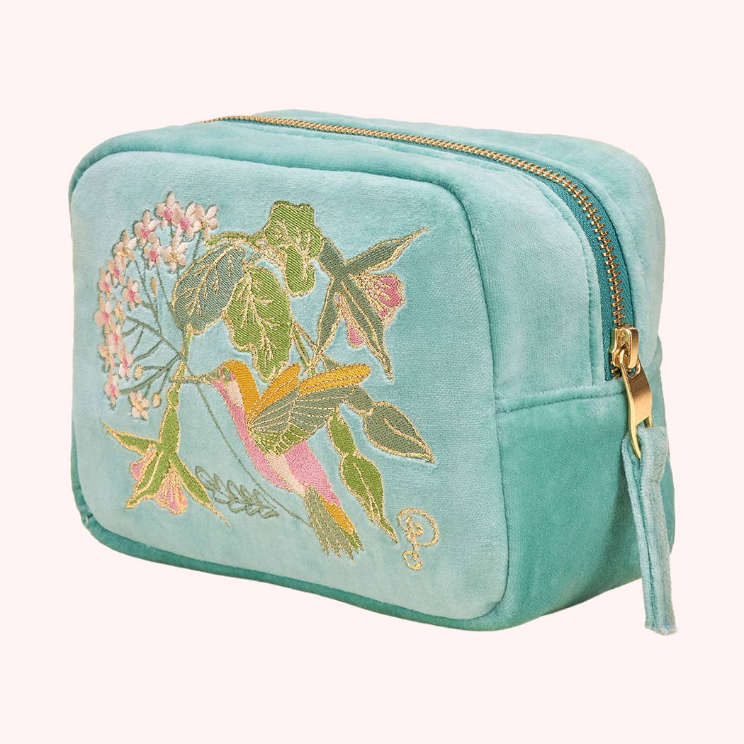 Powder Design inc - US - Velvet Embroidered Make Up Bag - Hummingbird, Aqua