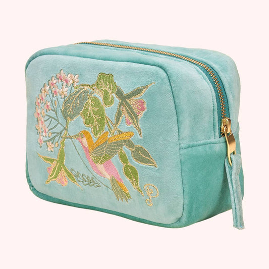 Powder Design inc - US - Velvet Embroidered Make Up Bag - Hummingbird, Aqua
