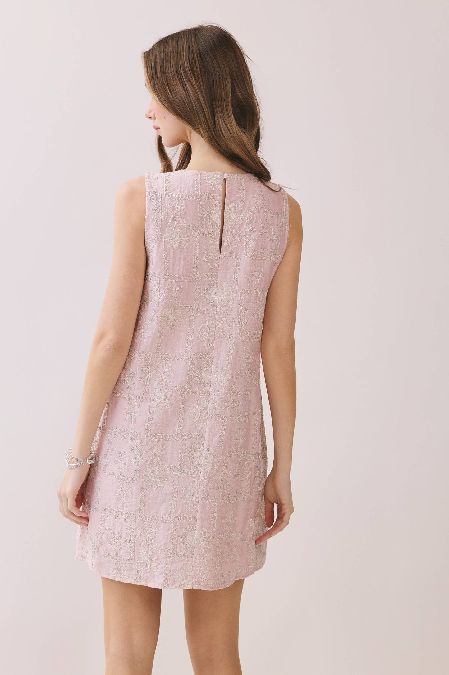 TCEC - CD05892-Embroidered Patchwork Sleeveless Shift Dress