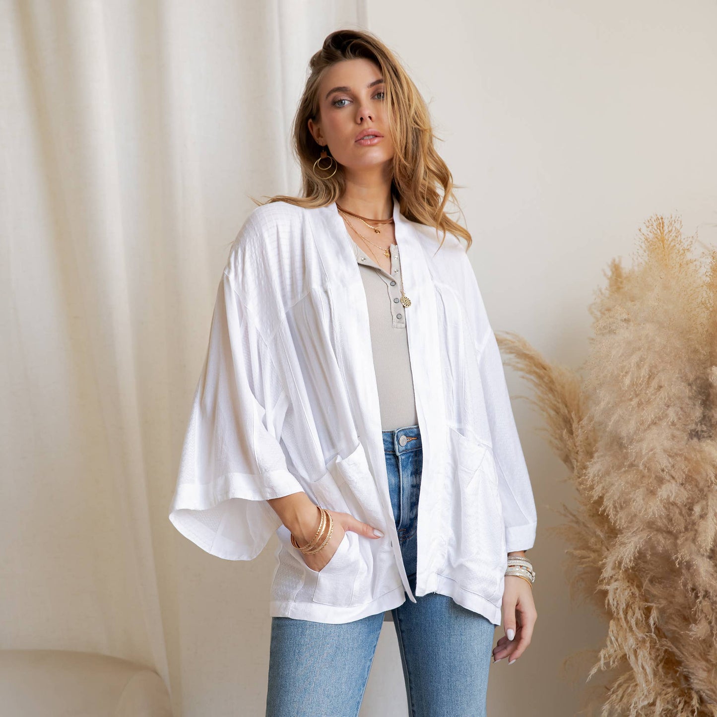 Young Threads - Boho Textured Mixed-Print Kimono with Pouch Pockets